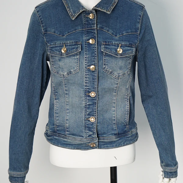 LUDICO新款牛仔蓝色短款百搭翻领烫钻外套