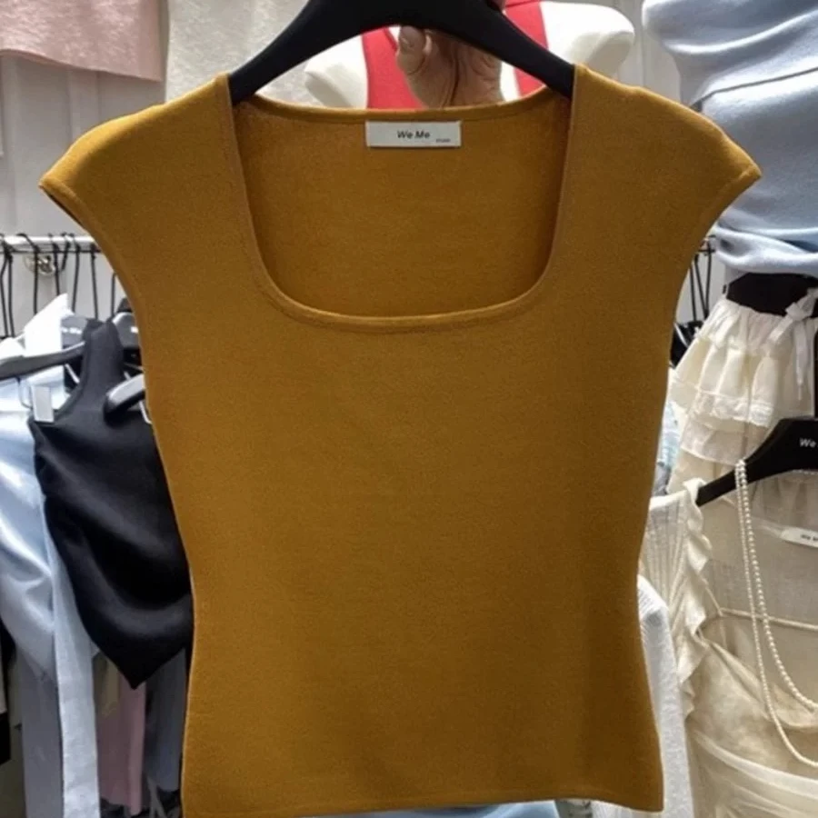 黄色方领薄款针织衫女夏季新款法式气质短袖打底修身显瘦短款上衣