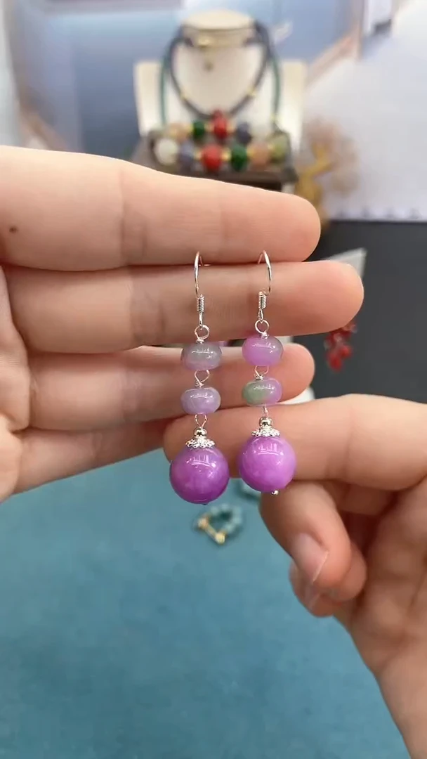 银S925镶嵌翡翠耳饰12mm春彩三珠C3