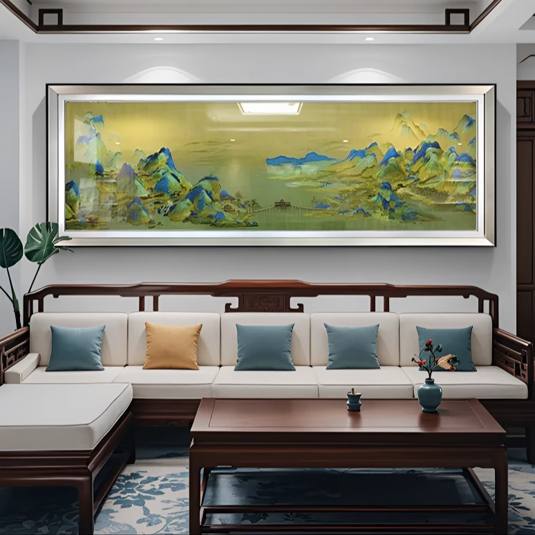 千里江山图织锦绣客厅装饰刺绣画沙发背景墙山水风景壁画