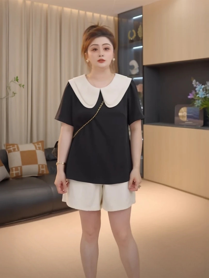 胖佳大码娃娃领减龄百搭雪纺衫女夏新款胖mm藏肉宽松显瘦短袖衬衫