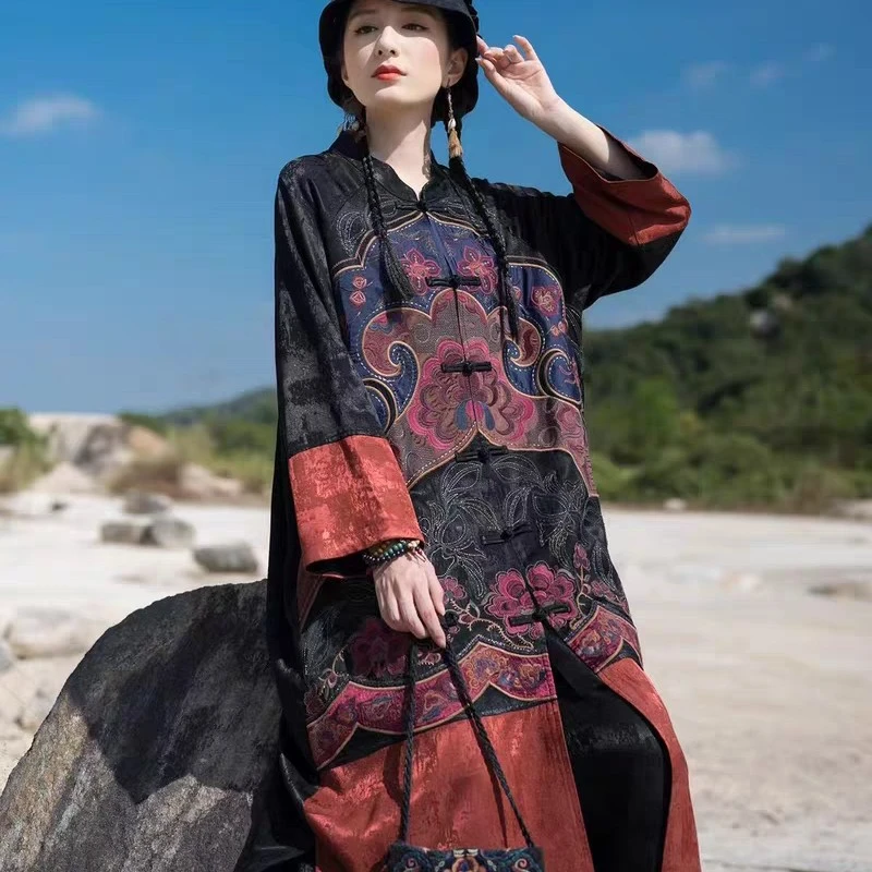 春秋中国风大码女装秋季印花宽松遮肉中长款复古风衣大袍子外套女