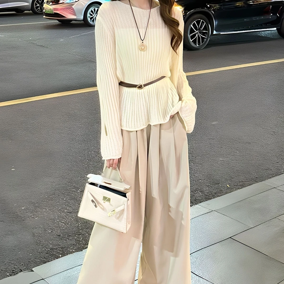 时尚套装女2025早秋新款设计感减龄长袖上衣高腰阔腿裤气质两件套