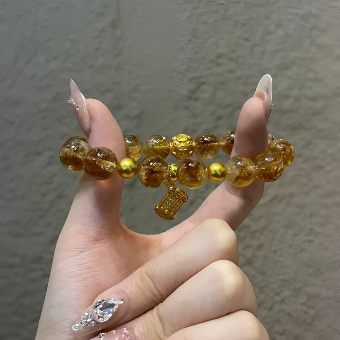 天然东海老矿黄水晶高保色金色算盘金珠八方来财转运黄塔晶手串