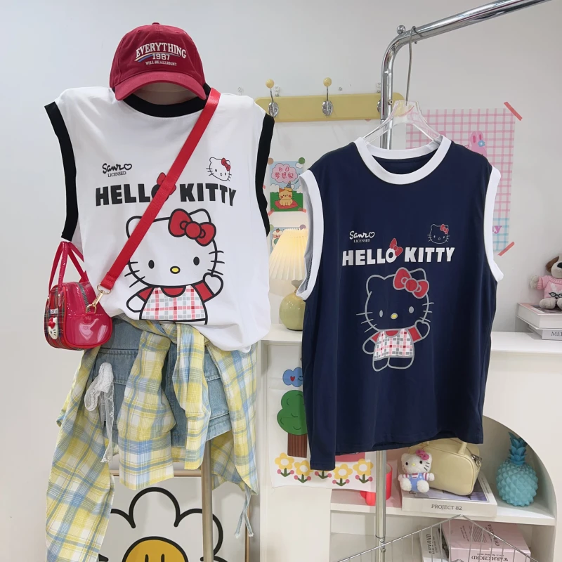 【钱呼呼】2025夏季新款可爱猫咪印花撞色设计无袖背心百搭内搭T恤