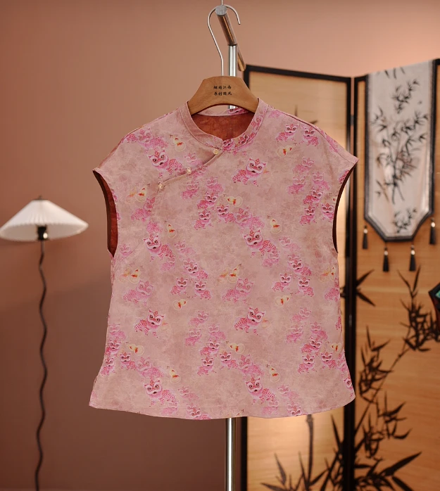 【醒狮】新中式女装斜襟盘扣印花旗袍式上衣夏季超好看国风短袖