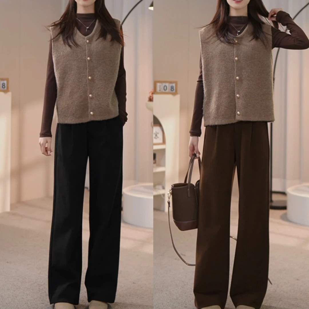 小个子秋季咖色显瘦高腰直筒毛呢休闲裤子