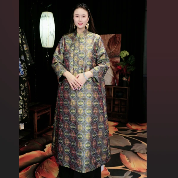 【林鹿深】新款新中式中国风时尚高级宽松气质百搭宋锦袍子