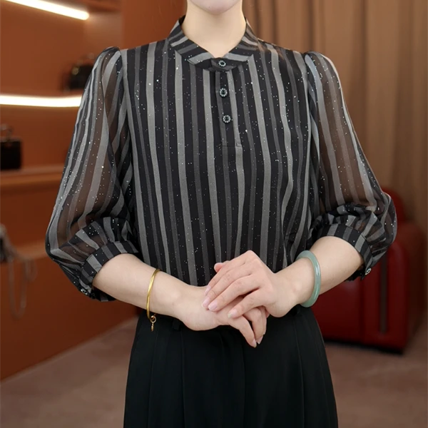 2025新款原版正品撞色条纹七分袖衬衫夏季新款洋气减龄小衫ja155