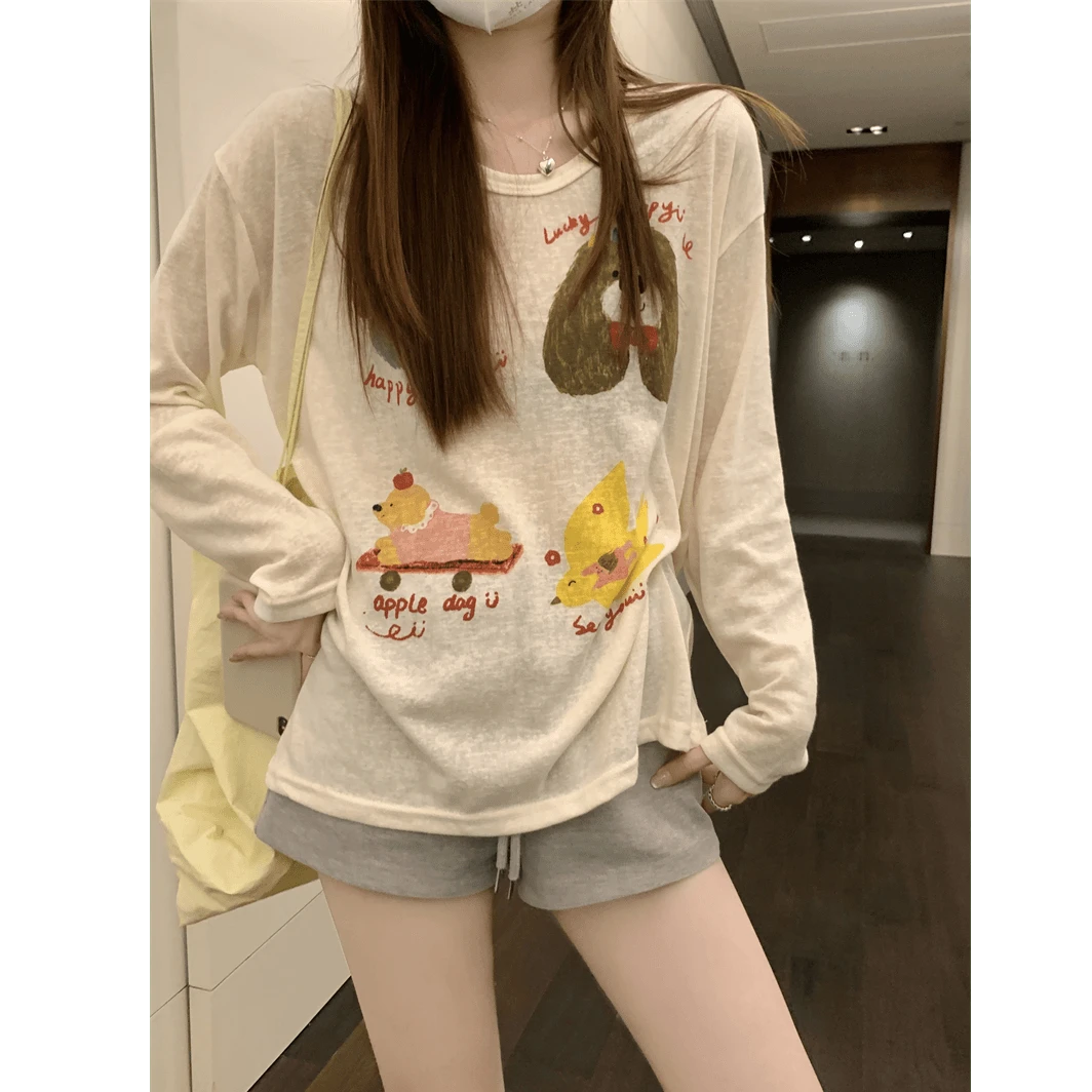 夏季新款字母可爱狗狗宽松防晒长袖T恤时尚休闲百搭上衣#Y0612