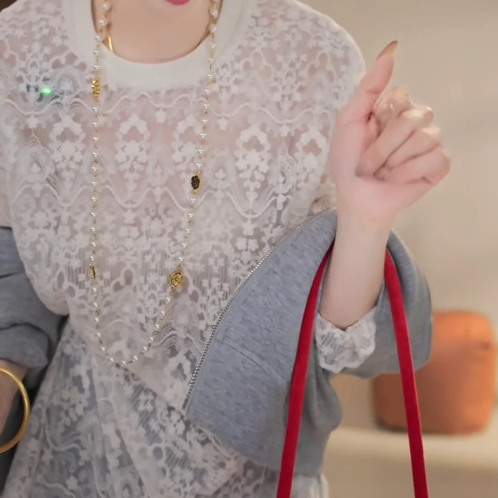 镂空蕾丝圆领罩衫气质纯欲风百搭时尚内搭打底上衣2025夏季