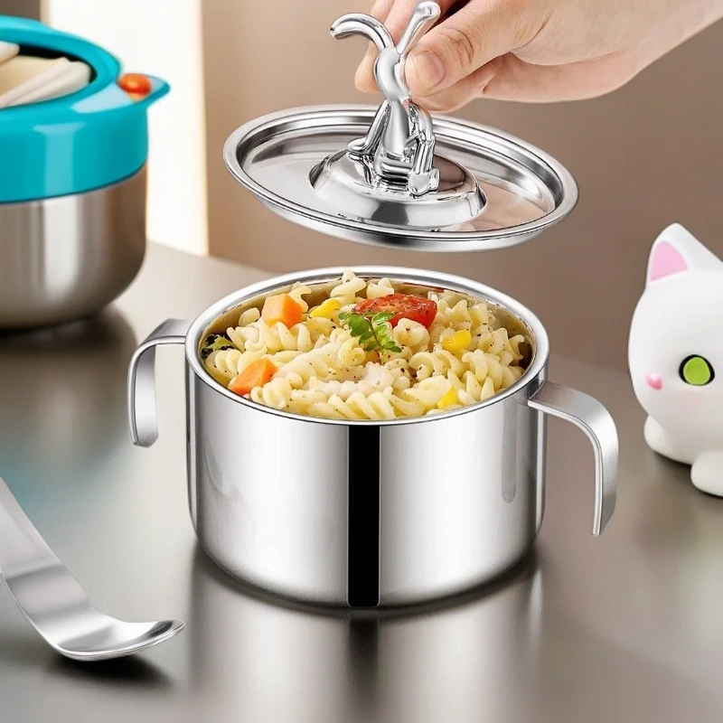 304儿童不锈钢防烫饭盒一年级小学生中学生专用带盖双耳汤碗餐具