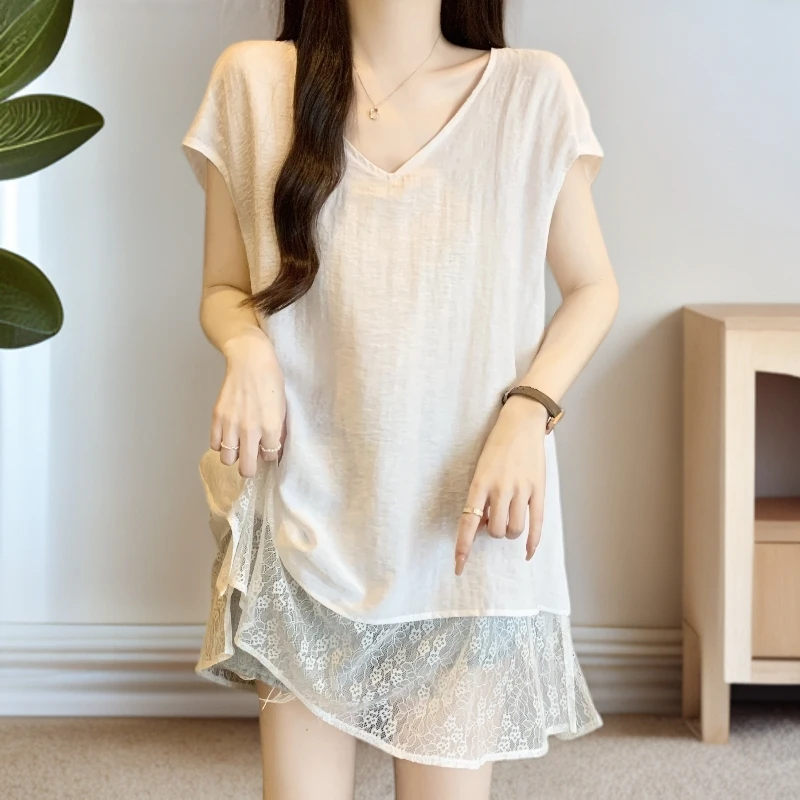 两面穿超好看孕妇上衣薄款夏季大码外穿蕾丝无袖假两件中长款T恤