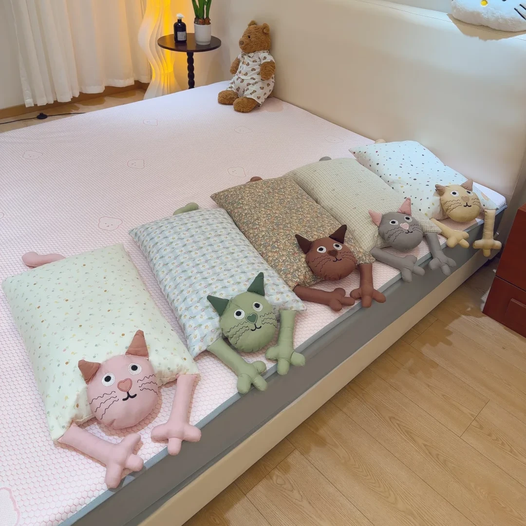 哇猫咪全棉双层纱荞麦壳枕头单只装儿童纯棉低枕芯学生单人可拆卸