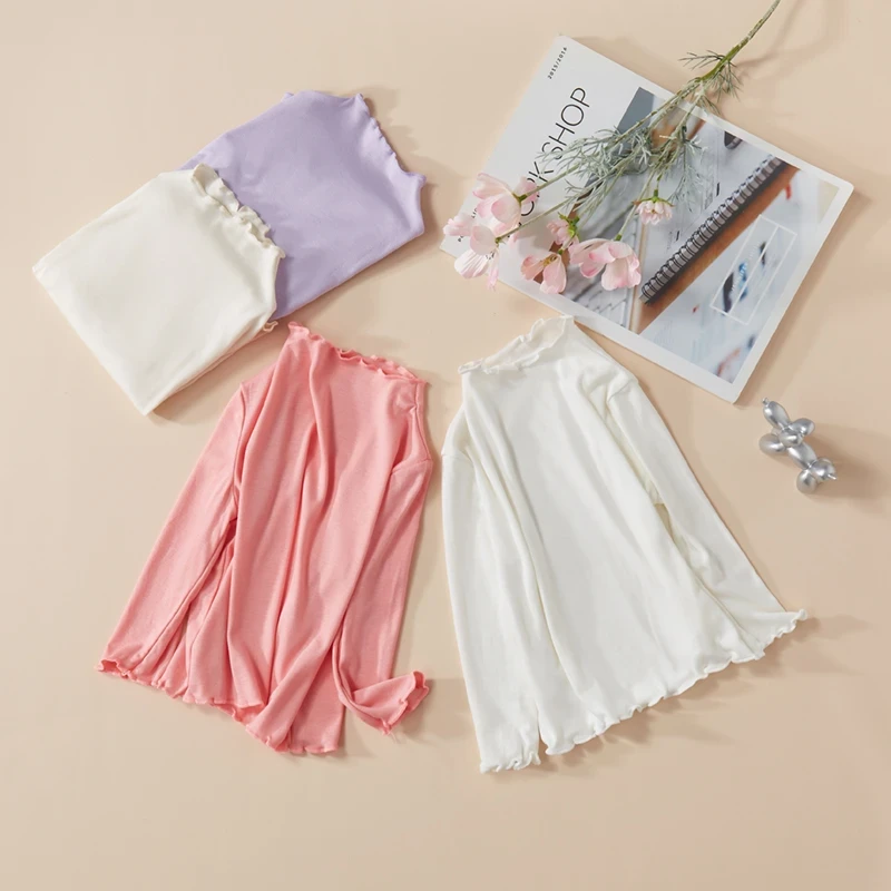 打底薄款莫代尔长袖防晒T恤男女童宝宝遮肉防蚊虫木耳边长袖上衣