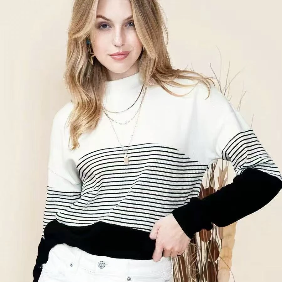 2025春秋新款三色拼接条纹圆领宽松百搭显瘦针织衫女款5337#