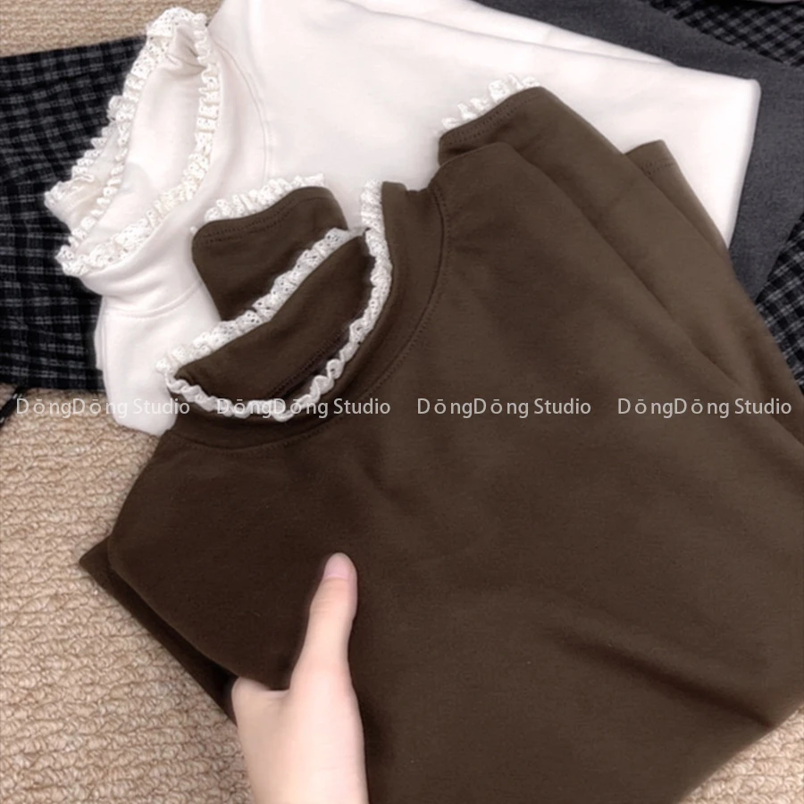 加量不加价！【蕾丝慕斯绒】花边半高领套头纯色修身长袖打底衫 7058