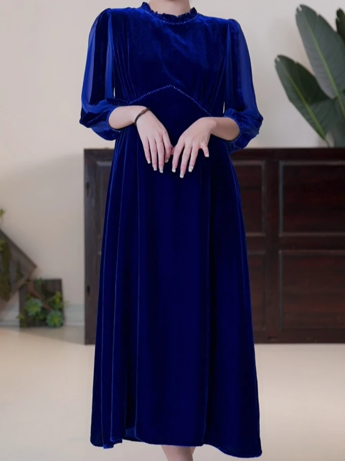 【圣沐云】100%桑蚕丝高腰圆领钉珠丝绒连衣裙YG-1133（裙长120cm）