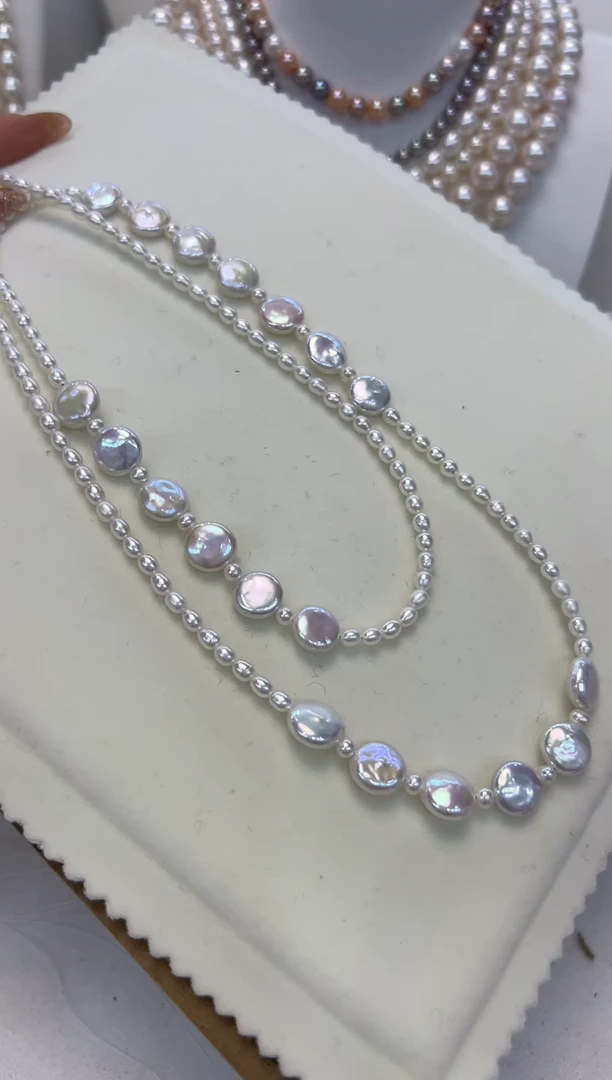 【闪购商品】淡水珍珠颈饰银S925镶嵌纽扣毛衣链