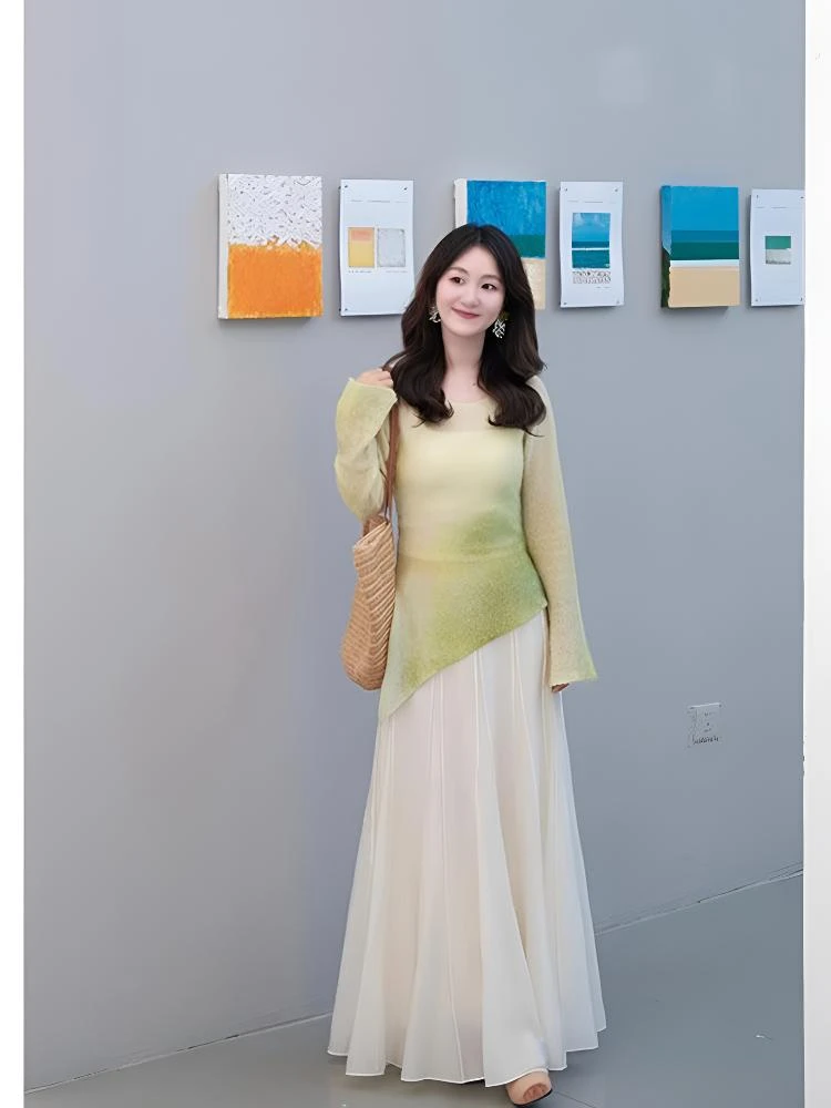 韩系穿搭2025夏季新款时尚不规则渐变长袖针织衫高腰半身裙套装