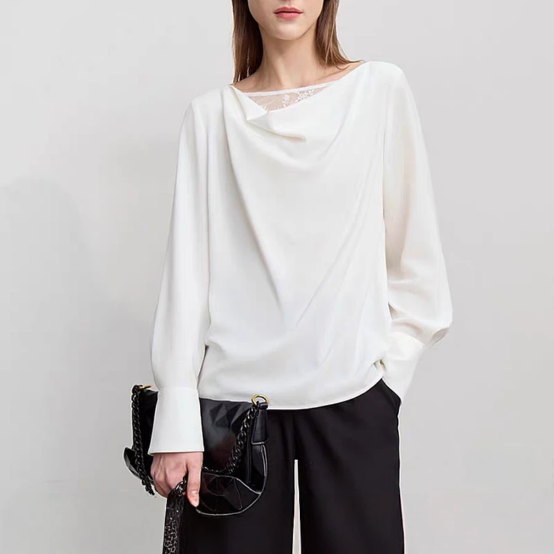 印之恋气质优雅通勤风拼蕾丝荡领雪纺衫白色女宽松垂感长袖上衣