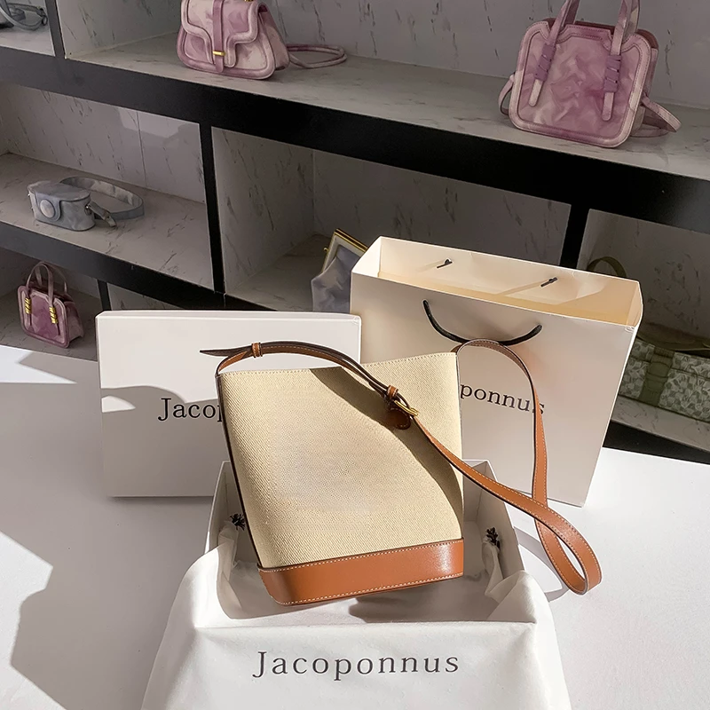 2J31-棕色配米色帆布水桶包拉链暗袋单根斜挎包腋下包盒子包春夏