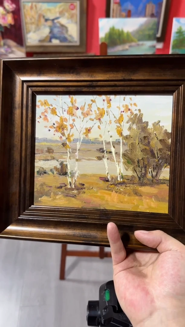 油画俄罗斯手绘油画作品《白桦 》28x25cm 带外框