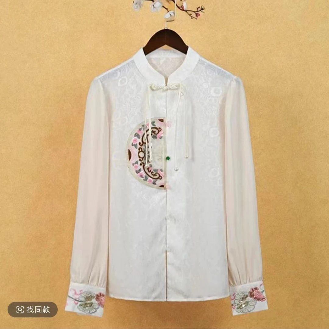 6289国风提花衬衫女长袖2024年春季新款复古盘扣设计感百搭上衣