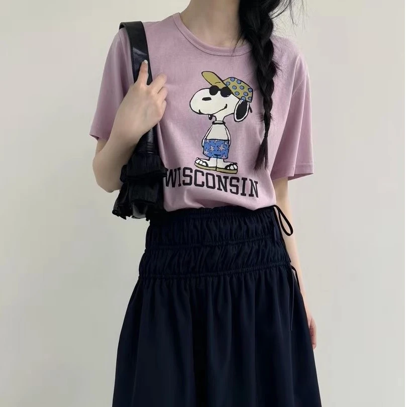 韩系2025春季款时尚百搭圆领短袖T恤女宽松休闲卡通小狗印花上衣