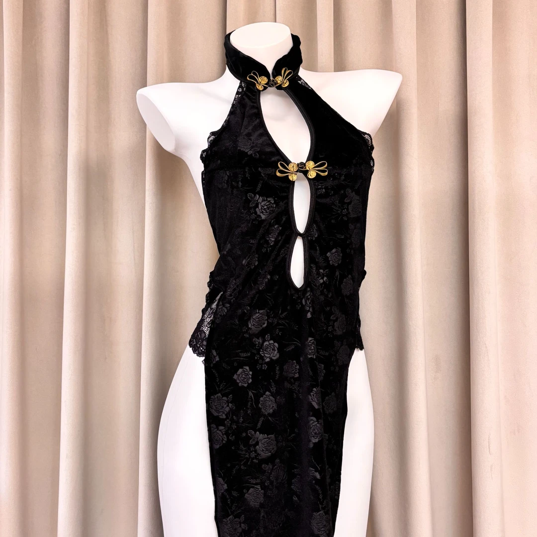 旗袍睡裙性感纯欲高开叉显瘦长裙旗袍睡衣女激情制服套装睡裙黑色