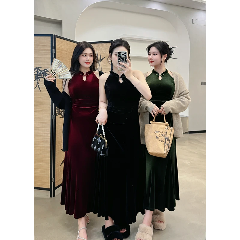 Q【现货】秋冬新款保暖毛衣+新中式连衣裙显瘦收腰两件套 10043C