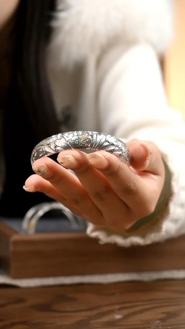 嵌金牡丹纯银手镯 圈口57