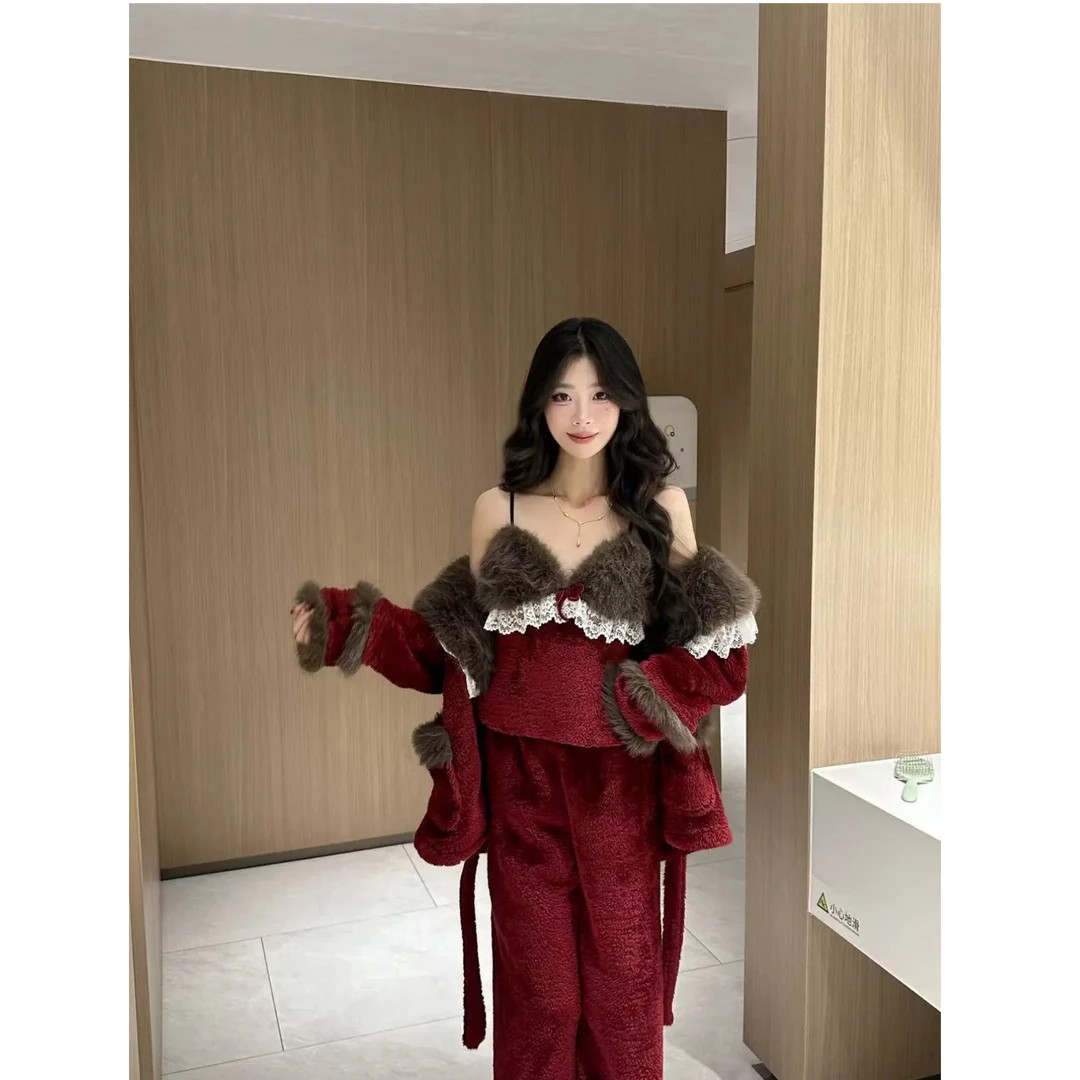 【绒绒冬日】法式性感双面舒棉绒秋冬睡衣女舒适加厚保暖家居服套装