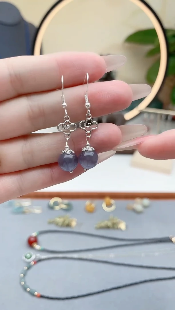 石英质玉银S925镶嵌耳饰391