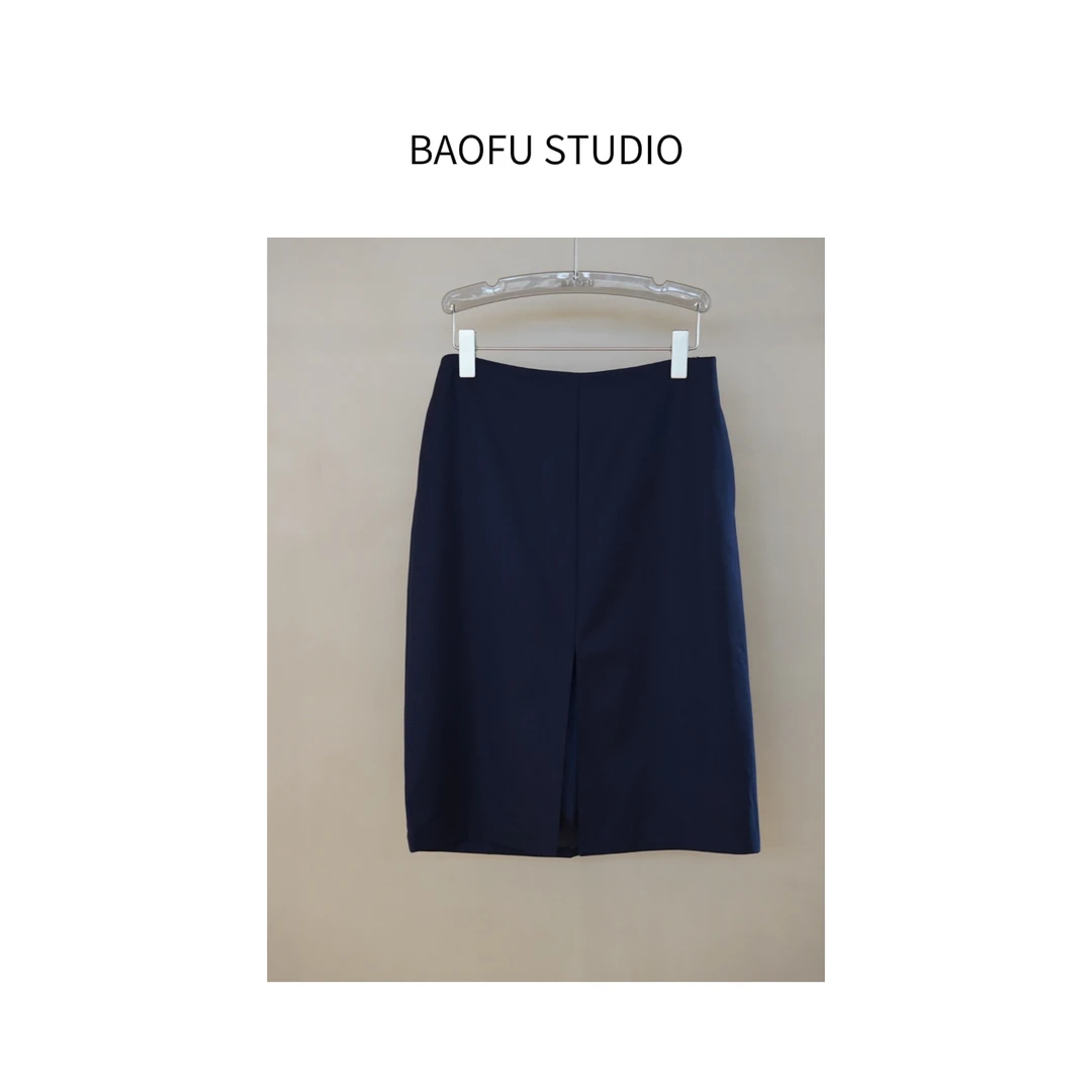 BAOFU studio｜纯色羊毛前中开叉半身裙藏蓝简约优雅气质百搭中裙