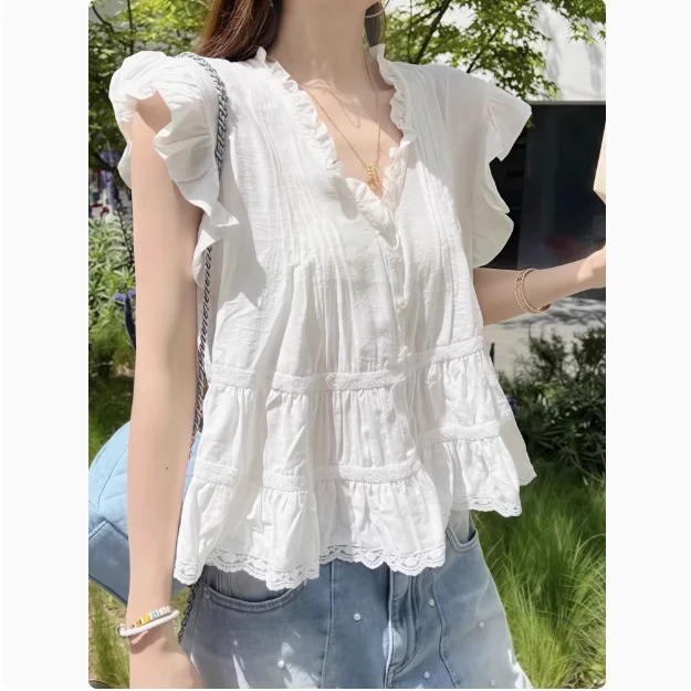 荷叶边飞飞袖衬衫女2025新款夏季花边拼接短款衬衣女款娃娃衫上衣