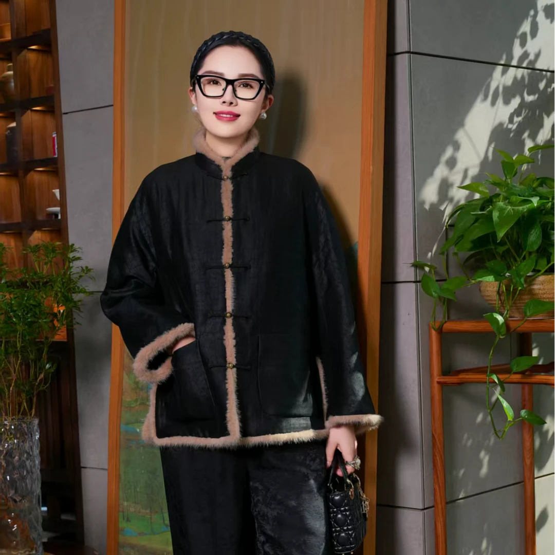 承国风非遗【香云纱】老皮子羊毛骆驼绒棉服中式冬季女士AH32YR182