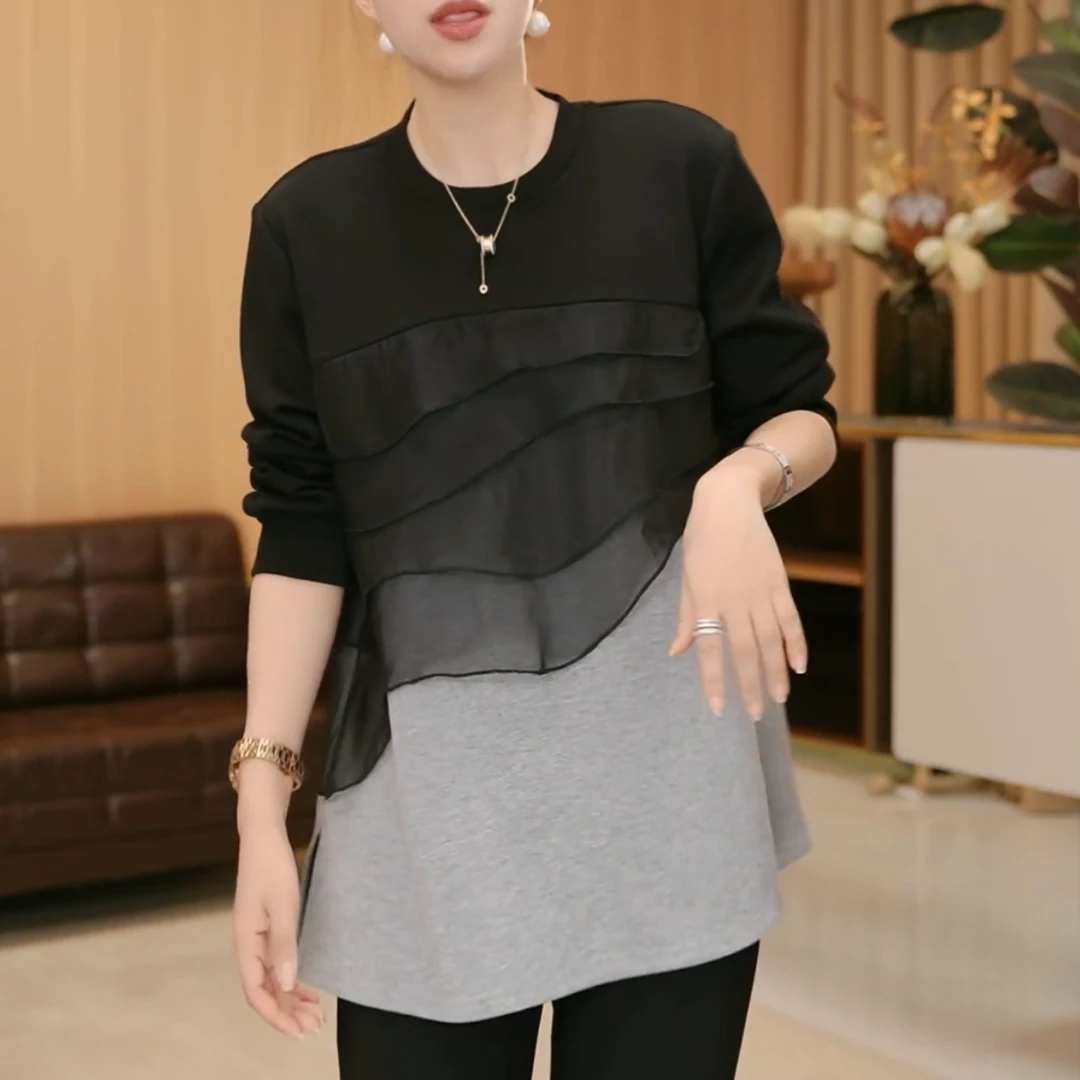 【情怀】2025秋季新款 撞色拼接荷叶边女士秋季长袖款卫衣LK2506320