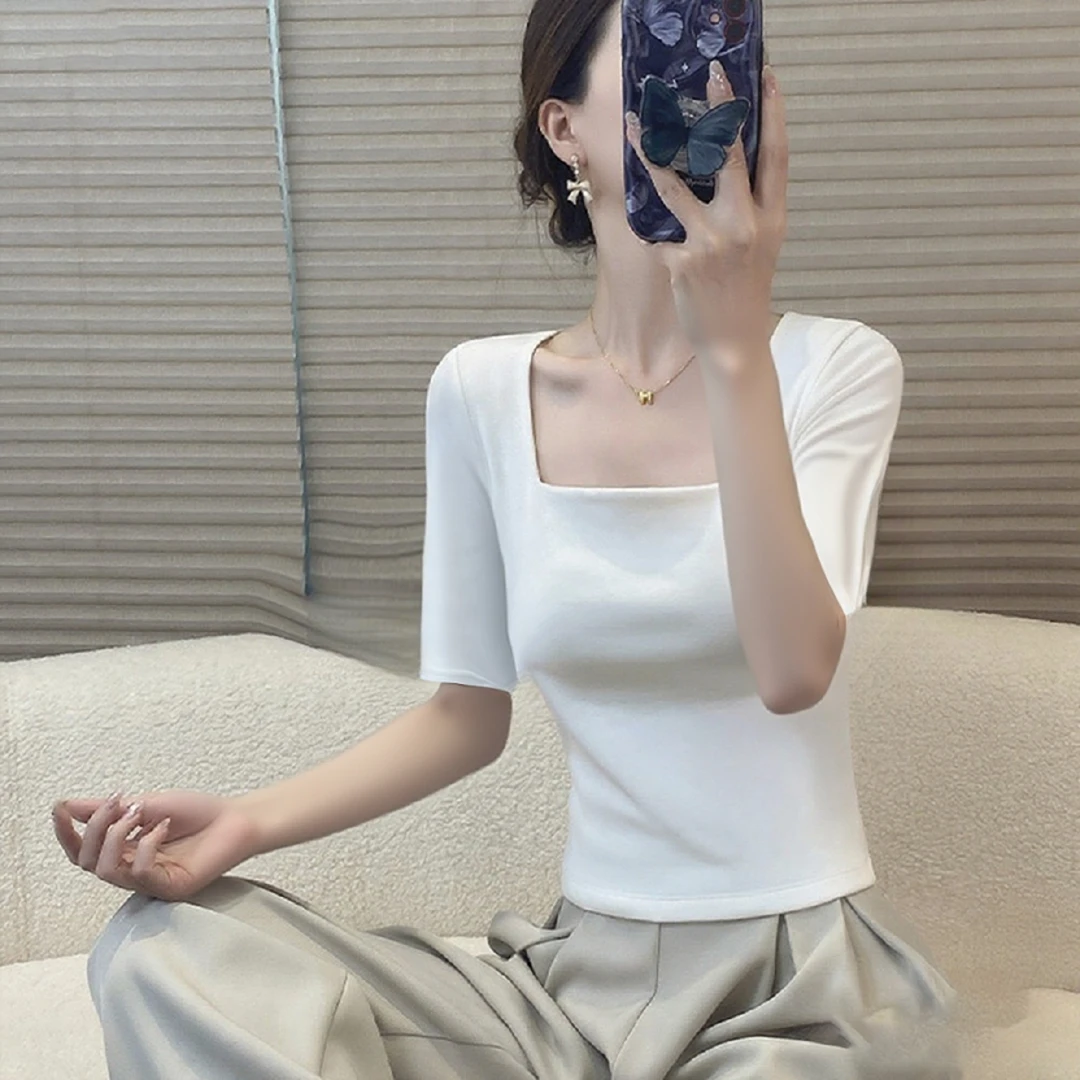 中袖t恤女ins潮秋季2025年新款洋气方领小衫齐腰长袖女上衣五分袖