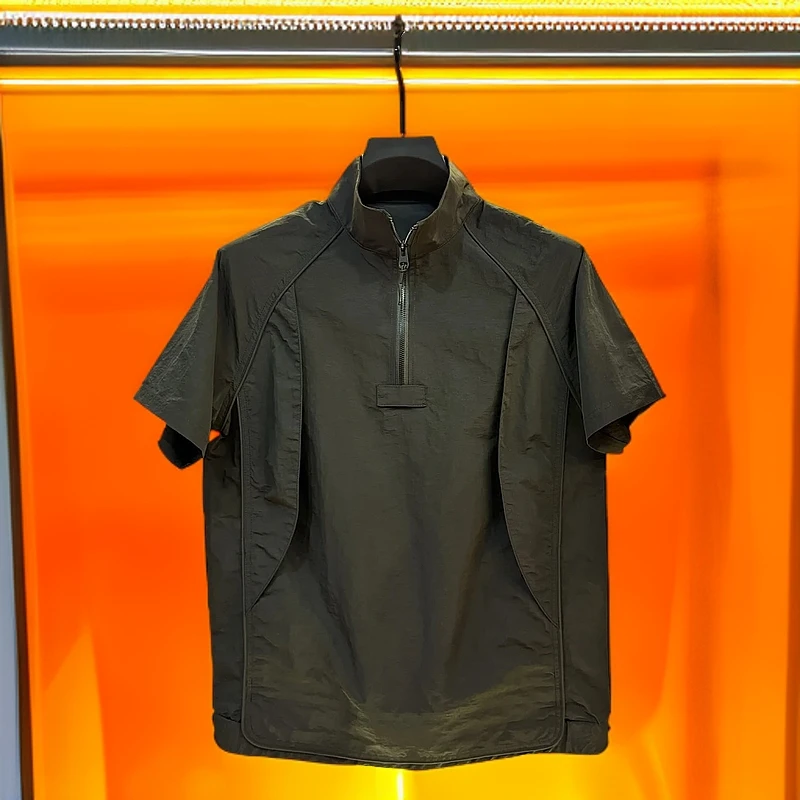 男士立领半拉链百搭半袖T恤新款上衣拼接设计感简约纯色短袖小衫