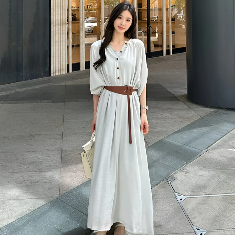 假日度假风气质半袖连衣裙女2025夏季显瘦时尚百搭裙子a字长裙子