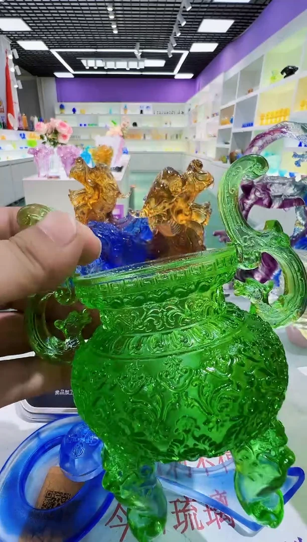手工艺品琉璃古法琉璃三足香炉摆件