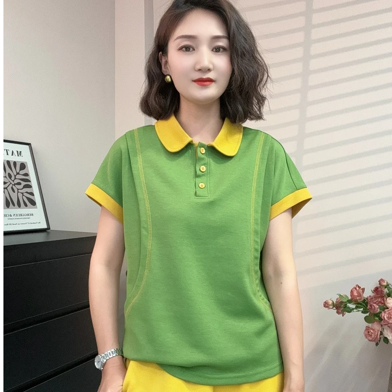2025夏季新款拼色时尚休闲显瘦减龄百搭打底上衣气质短袖T恤女