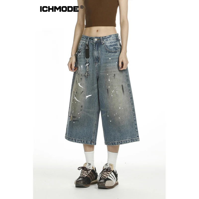ICHMODE 美式复古宽松做旧牛仔裤女夏季直筒阔腿短裤百搭七分裤