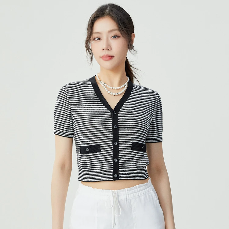 【商场同款】夏季款小香风百搭条纹V领短袖针织开衫1499236-1T54711