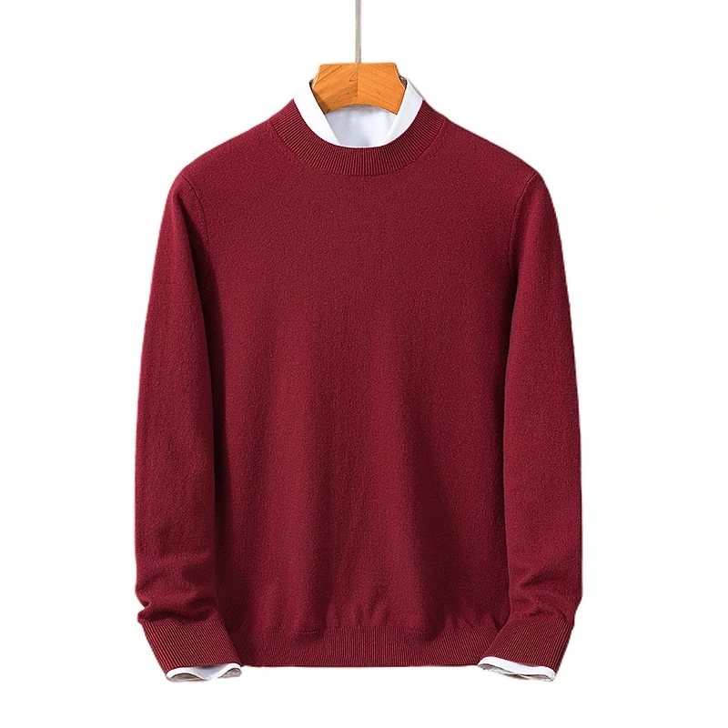 【可机洗】100%纯山羊绒男士中领新年红长袖纯色套头保暖针织打底衫