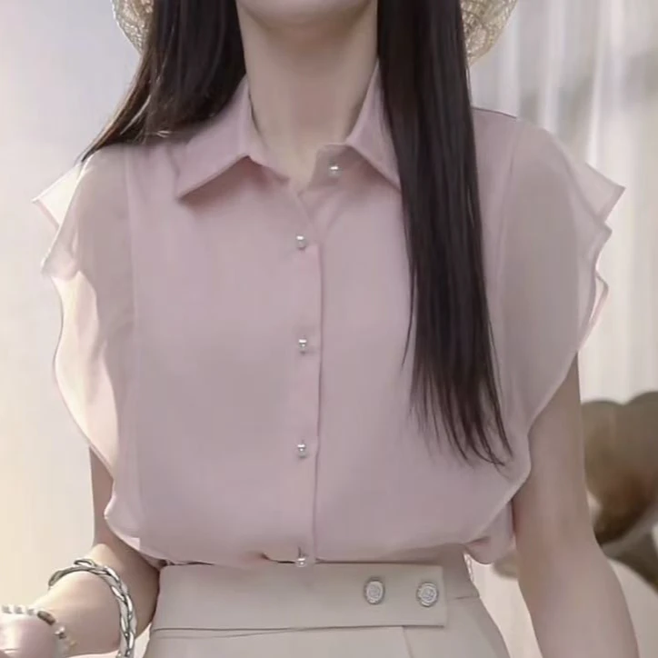 TM柔情浪漫 重磅缎面 荷叶边衬衫女夏新款设计感上衣010