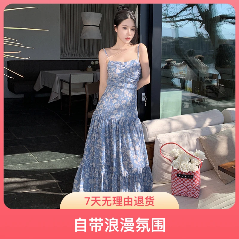 一字领法式一字肩性感露背蝴蝶结吊带裙女碎花褶皱连衣裙海边度假