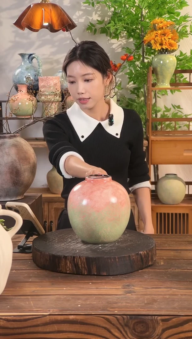 绿脂凝春-小圆口瓶】复古绿色桌面陶瓷花瓶干花鲜