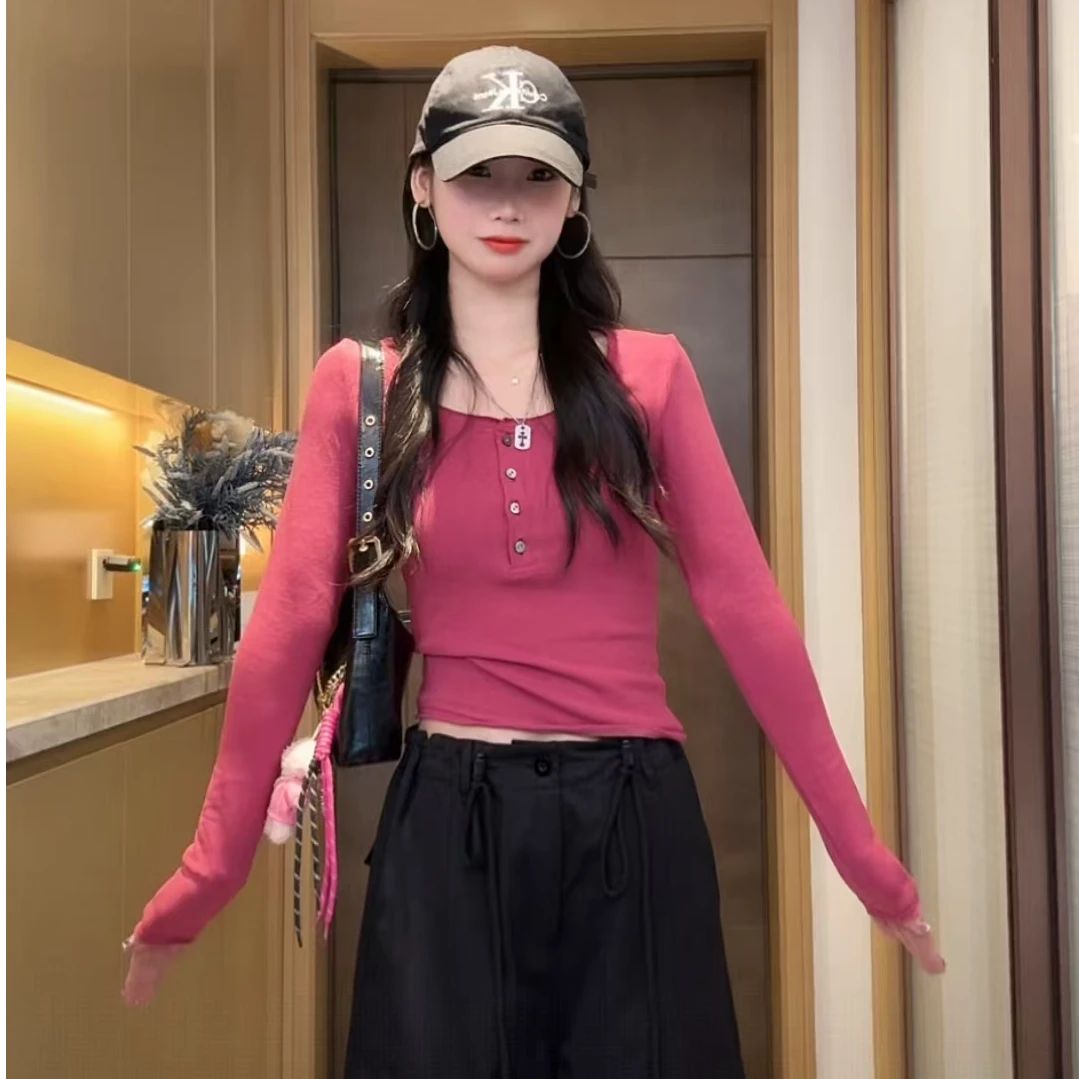 夏春茶2025韩漫身材秋季上衣正肩亨利领修身弹力显瘦长袖打底衫-S